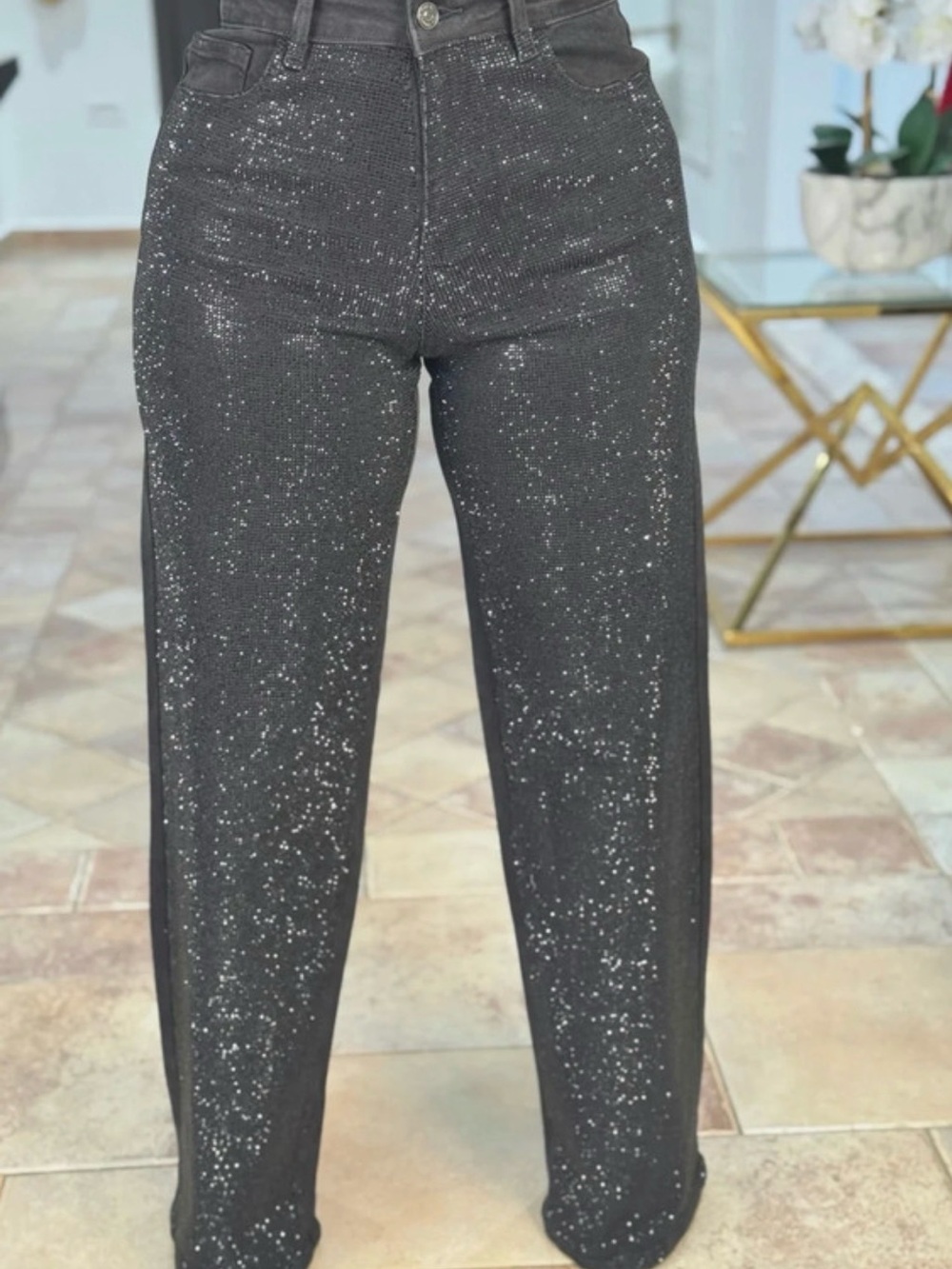 Black Rhinestone High Rise Wide Leg Jeans